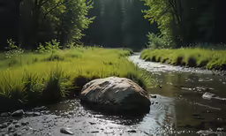 a rocky outcrop in the middle of a river in a field