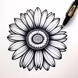 a pen drawing of a flower,a drawing of a sunflower with a black pen