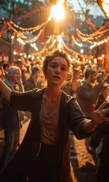 a young woman with her arms spread in front of a crowd of people