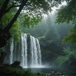 a waterfall surrounded by trees in the woods