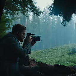 a man in the woods taking pictures with his camera