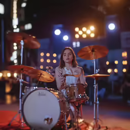 a girl in white dress sitting behind a drum set