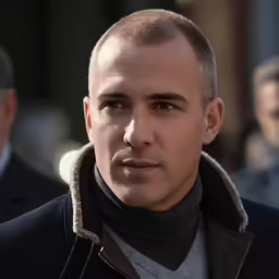 a close up of a man in a coat