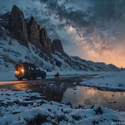 a car drives in the snow on a dark snowy night