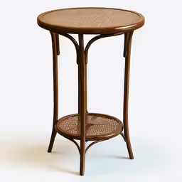 a round wicker table on an end table