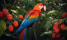 a red and blue parrot perched on the top of a tree with berries