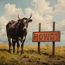 a cow stands in a field behind a sign