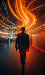 a man walking down a hallway while watching the lights