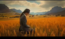 a woman sits in a field looking at something