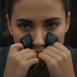 an attractive young lady with her hands to her face