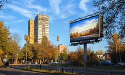 a street with billboards on the side and a building behind it