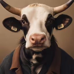 the bull is dressed in a dark outfit