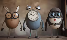 three small gray, brown and black clocks stand in a line