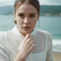 the girl is wearing a white shirt and standing near the water