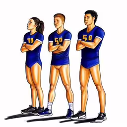a cartoon drawing of a group of people wearing sports jerseys,three different people with their arms folded and numbers