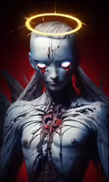 a drawing of an angel with red eyes and a ring above her head