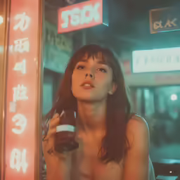 an attractive young lady holding a drink standing next to a neon sign