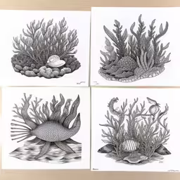 four black and white drawings of different sea animals