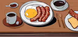 a cartoon depicting breakfast with coffee and meat,breakfast on a table with coffee, bacon, eggs and coffee