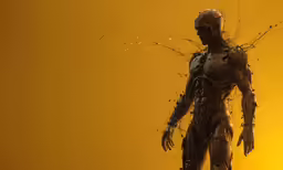 a rendering of a weird looking robot on yellow background