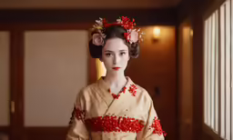 a woman in an oriental costume with hair styled up in bun buns
