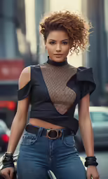 a woman in jeans is standing by the street
