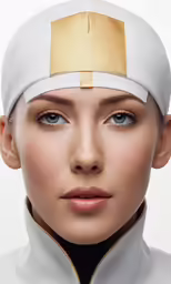 the face of an woman with a gold medal on her forehead