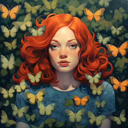 a painting with red hair and orange hair is next to butterflies,a girl with red hair surrounded by lots of butterflies