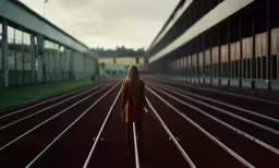 a woman is walking on the track near large buildings