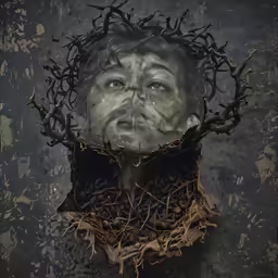 a man with a crown on his head standing in front of a picture of jesus