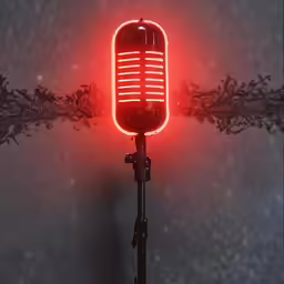 a red microphone standing on top of a table