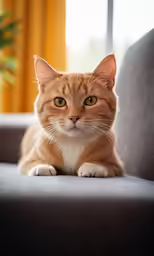 a brown and white cat is sitting on a couch