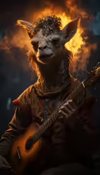 llama playing a guitar in the desert with a blazing background