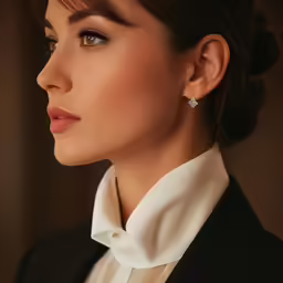 a woman in white shirt and black jacket with blue eyes