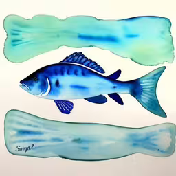 two blue fish next to each other on a white surface,blue fish with black spots, watercolors on paper,three blue fish that are on top of a white background,watercolor painting of two fish against white background,blue fish are swimming next to each other in water