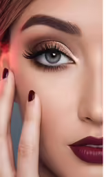 the eyeliner and makeup features an intense, red shade