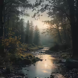 the creek is flowing into the dark forest