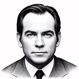 a black and white portrait of man in suit with tie