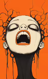 an orange painting with dripping drops and the face of a crying woman