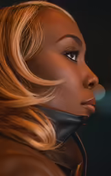 a female in brown leather outfit looking back