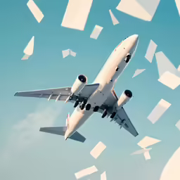 an airplane flying through blue skies, with lots of white papers everywhere