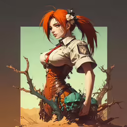 a girl with red hair stands in the desert