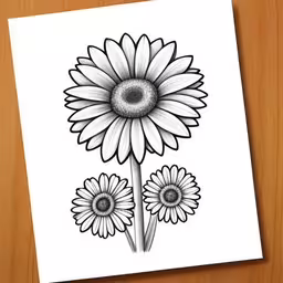 a drawing of a white flower with two different colors,a sketched sunflower on a paper sitting on top of a table