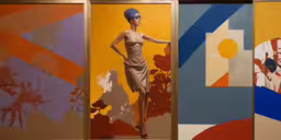 four panels show an illustration of a woman in a costume standing next to it,a woman standing in front of several colorful paintings