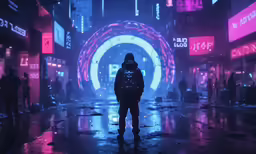 man standing in the middle of a city in the rain