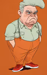the image shows an older man in orange pants,an older man with a hat and suspenders in a cartoon