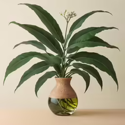 a green plant sitting in a glass vase