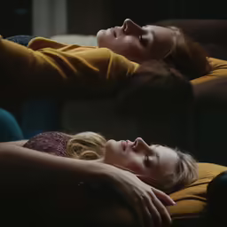 a beautiful woman laying on top of a bed in front of a man