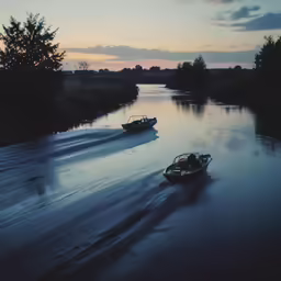 two boats traveling on a river at dusk