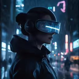 a woman wearing headphones and a leather jacket in the rain